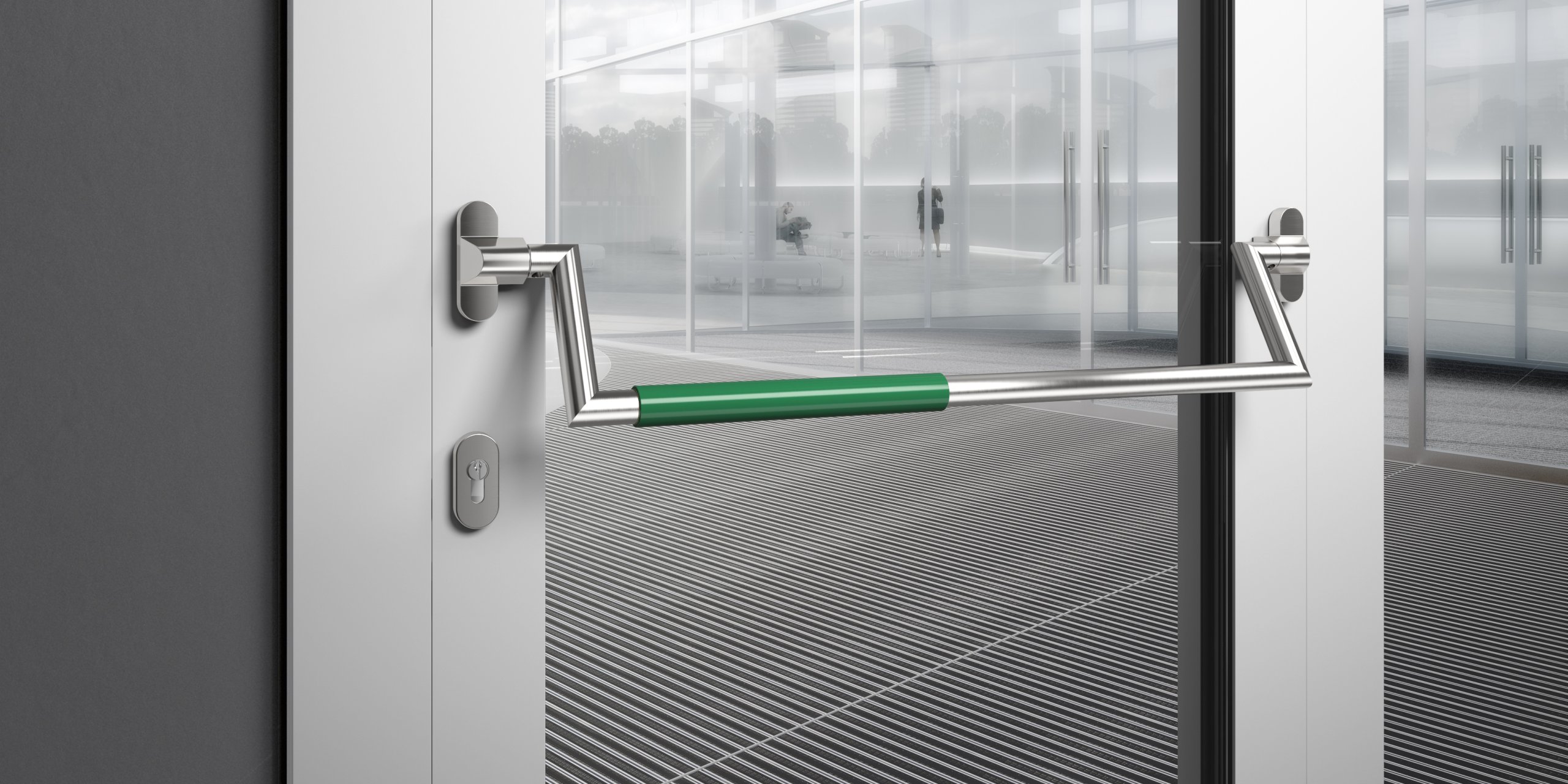 Panic bar on a public building door made of matt polished stainless steel with green polyamide handle tube