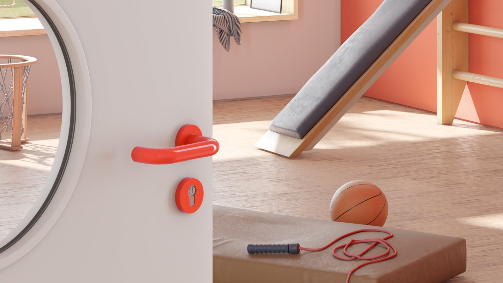 Door to a sports room of a kindergarten equipped with a lever handle in the colour orange made of polyamide