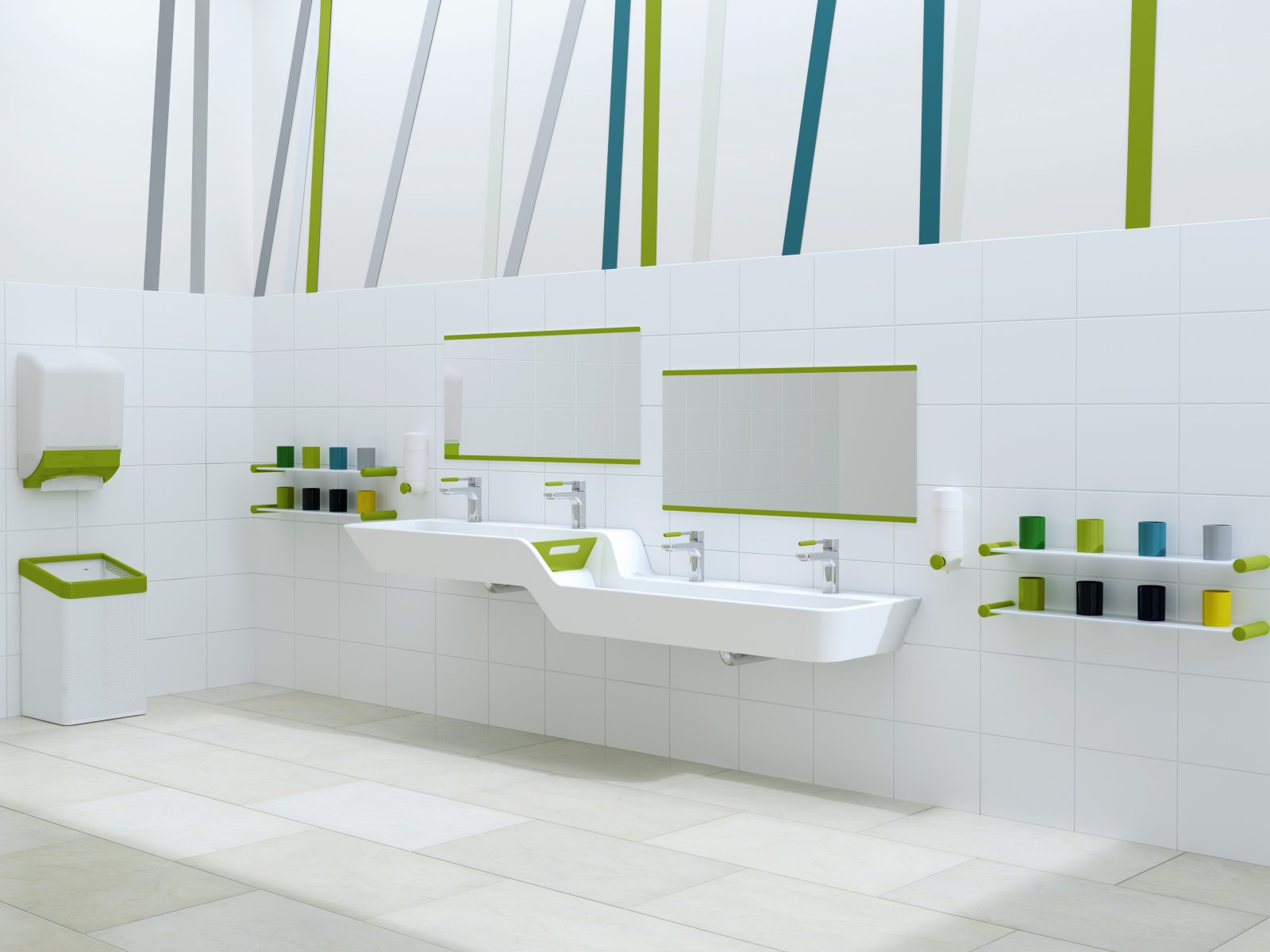 Child-friendly washbasin with green accents, washbasin with built-in height and depth adjustment next to colourful toothbrush tumbler strips