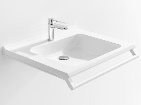 Barrier-free washbasin with grab rail in matt white stainless steel and chrome single-lever tap with white polyamide handle element