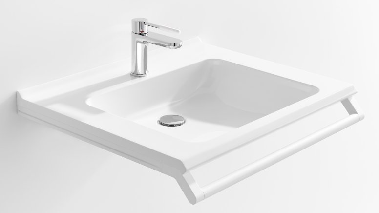 Barrier-free washbasin with grab rail in matt white stainless steel and chrome single-lever tap with white polyamide handle element