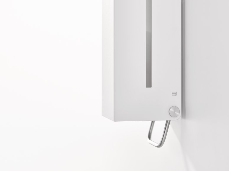 Manual soap dispenser with angular design in the colour white matt made of stainless steel