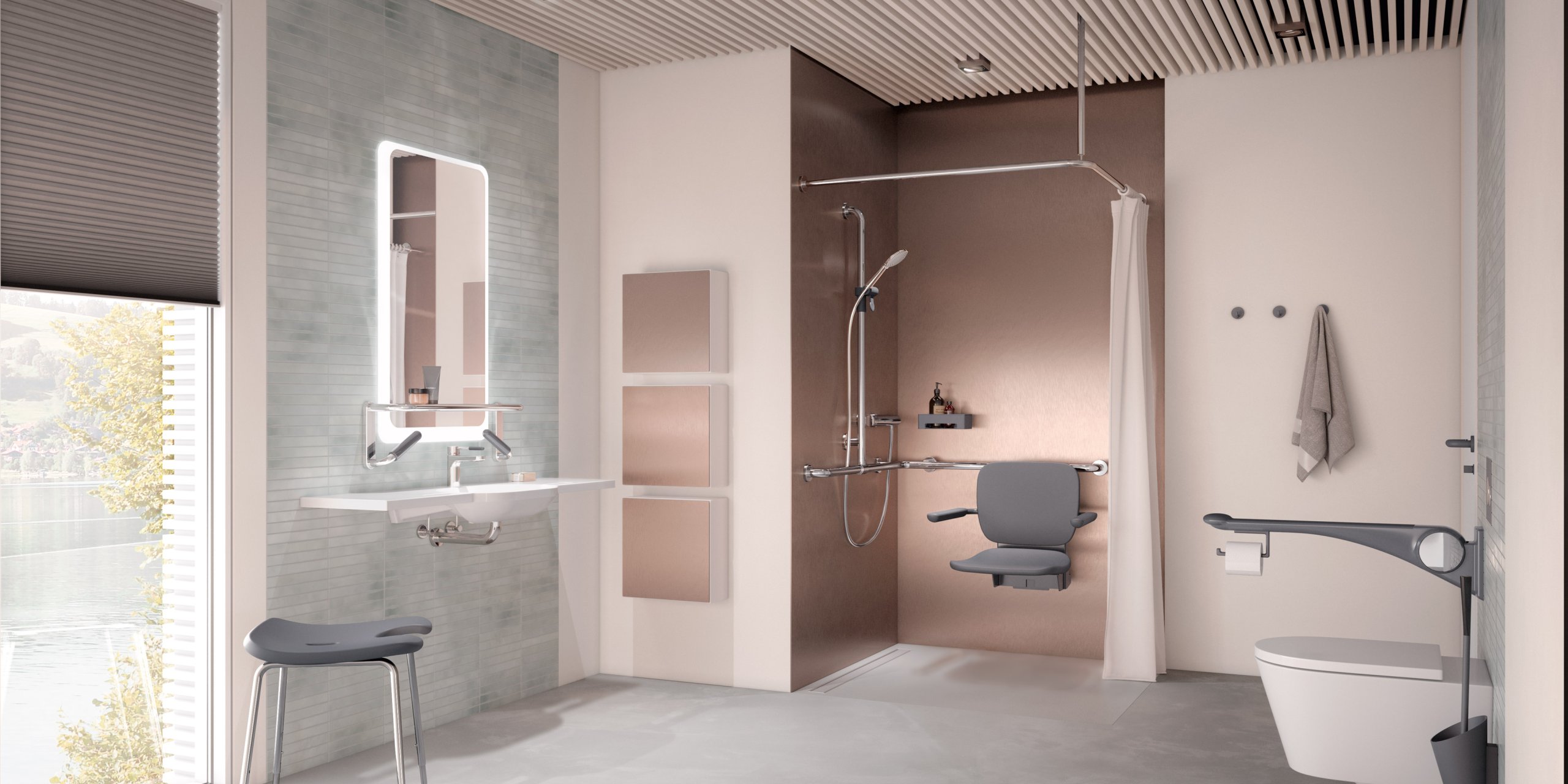 Barrier-free care bathroom with washbasin, shower area and WC