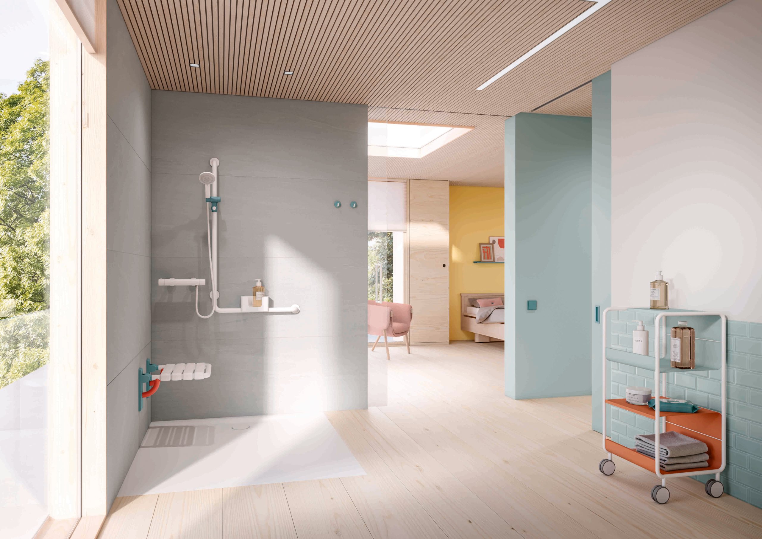 Barrier-free shower area in a patient room