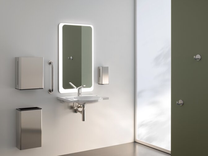 Barrier-free washbasin in public areas with grab rail, waste bin, soap and paper towel dispenser in matt stainless steel