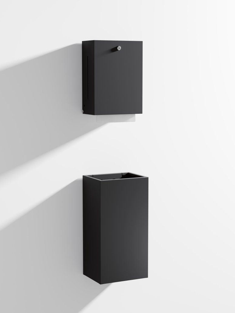 Papiertuchspender und Abfalleimer mit kantigem Design in der Farbe Schwarz matt aus Edelstahl